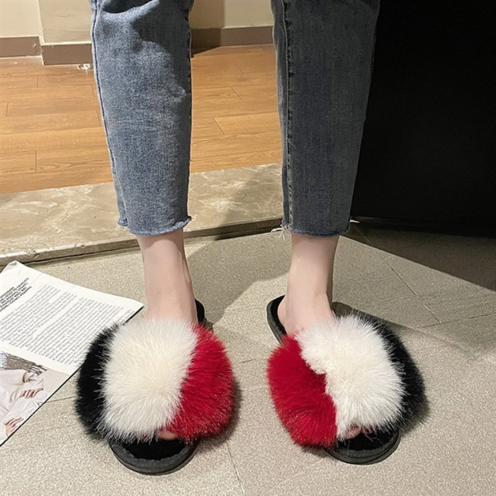 Red White Black Furry Slipper Slides